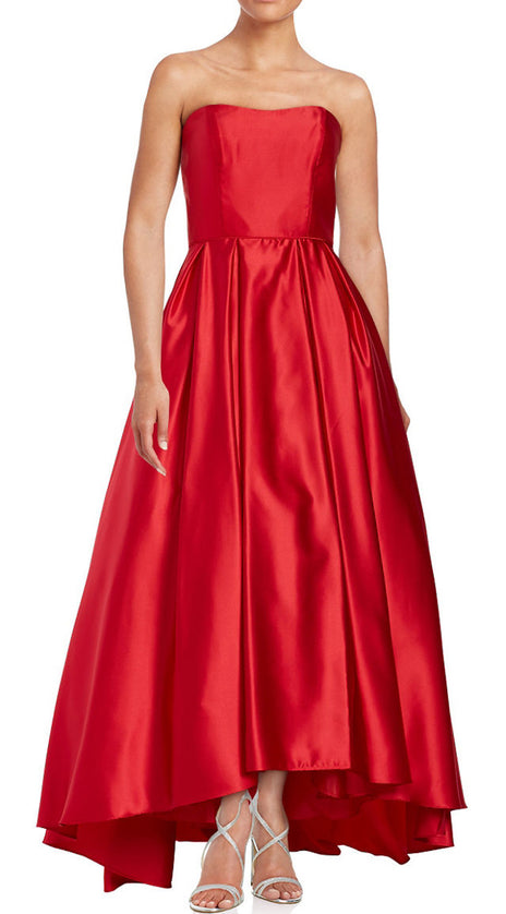 MACloth Strapless Ball Gown Satin Hi-Lo Prom Dress Red Formal Gown