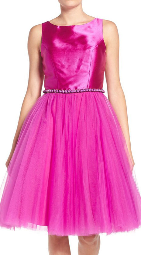 MACloth Straps Taffeta Tulle Short Prom Dress Fuchsia Homecoming Formal Gown