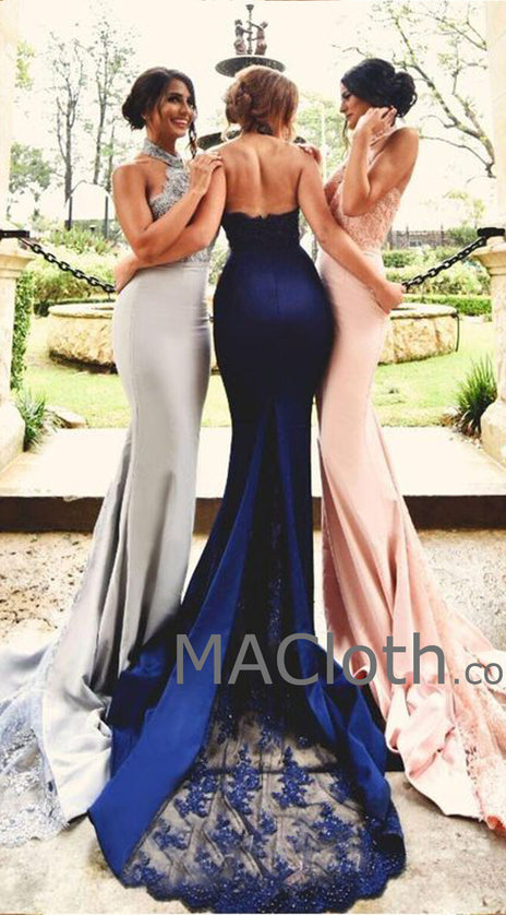 MACloth Mermaid Halter Jersey Lace Royal Blue/Pink/Silver Evening Prom Gown Wedding Party Dress