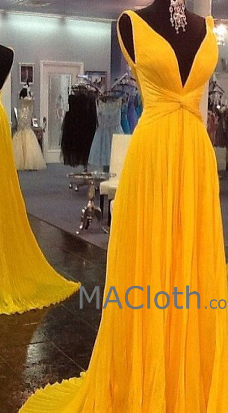 MACloth Straps V Neck A Line Chiffon Yellow Prom Evening Gown Wedding Party Formal Dress