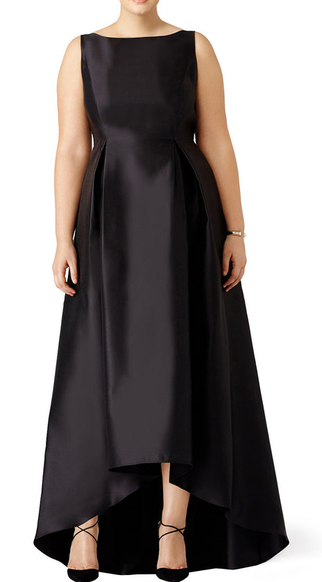 MACloth Straps High Neck Satin Hi-Lo Prom Dress Plus Size Black Evening Gown