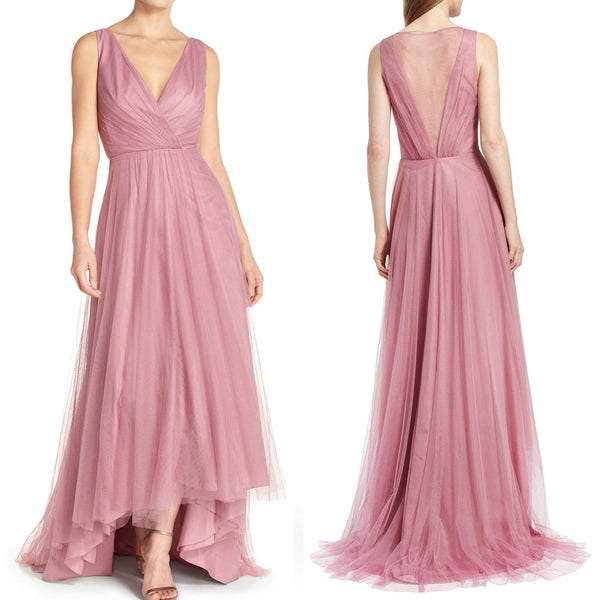 MACloth Straps V Neck Tulle Hi-Lo Bridesmaid Dress Blush Pink Mother of the Brides Dress