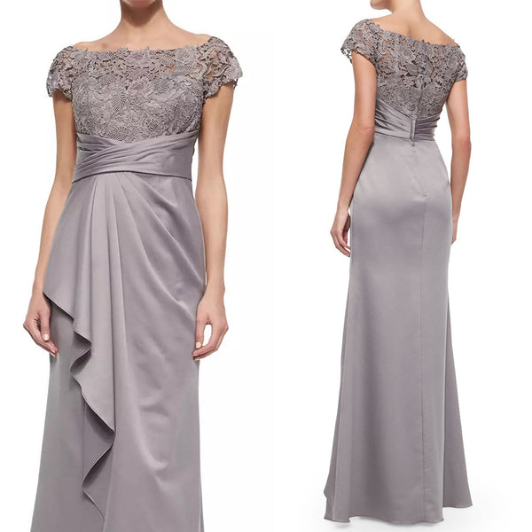 MACloth Women Cap Sleeves Lace Chiffon Long Evening Gown Silver Mother of the Brides Dress