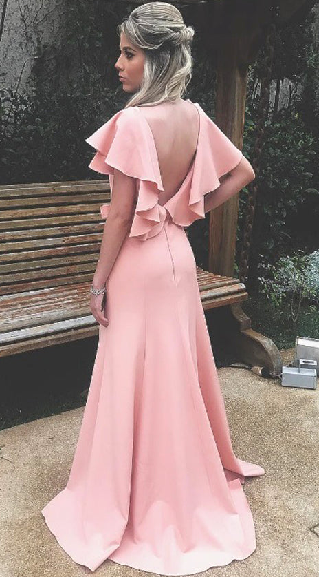 MACloth V Neck Sheath Blush Pink Long Prom Dress Jersey Formal Evening Gown