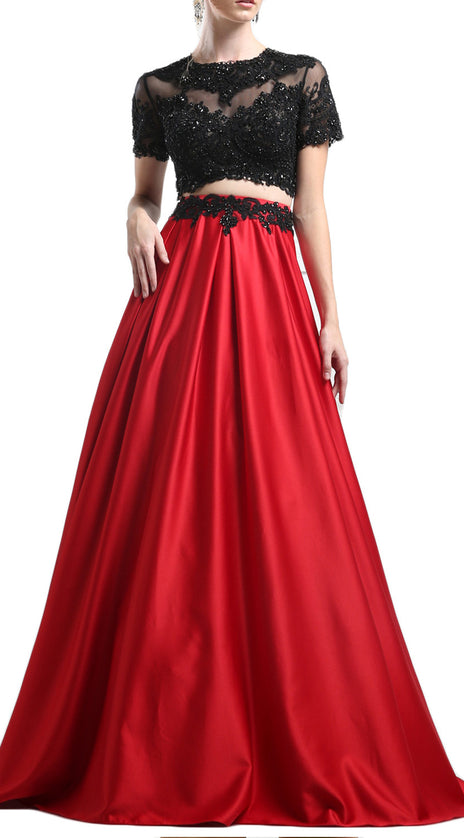 MACloth Short Sleeves Black Lace Red Prom Dress Two Piece Ball Gown