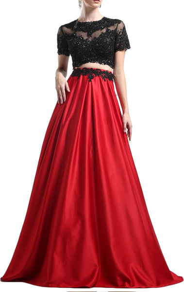 MACloth Short Sleeves Black Lace Red Prom Dress Two Piece Ball Gown