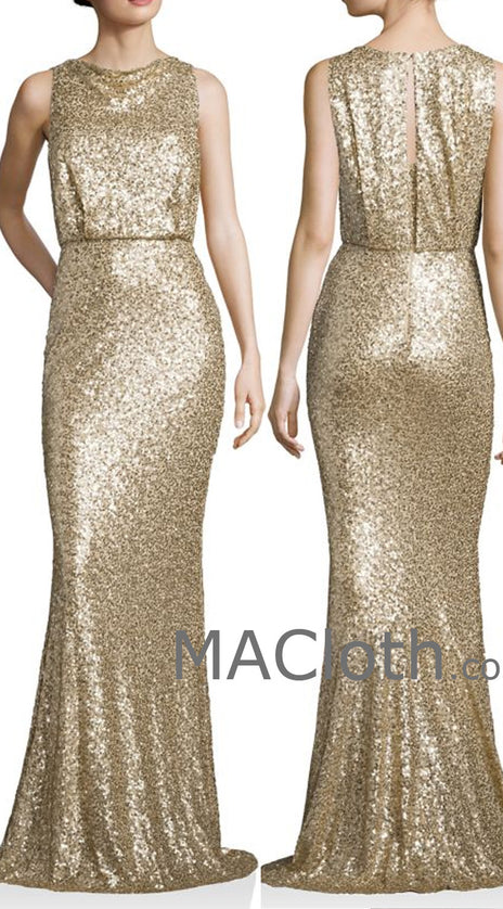 MACloth Women Mermaid Tank Sequin Gold Long Bridesmaid Dress Evening Formal Gown
