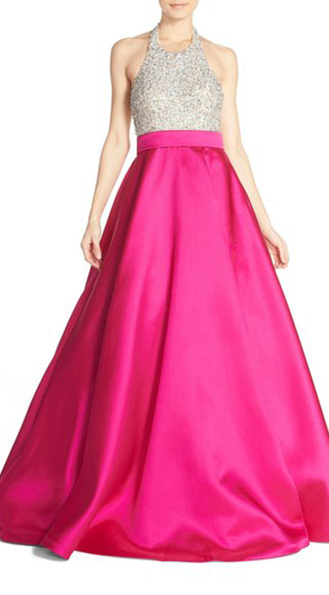 MACloth Halter Beading Satin Long Prom Dress Fuchsia Ball Gown