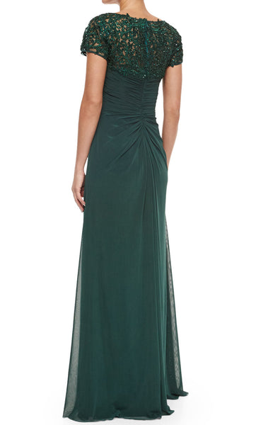 MACloth Women Cap Sleeves V Neck Lace Chiffon Long Evening Gown Dark Green Mother of the Brides Dress