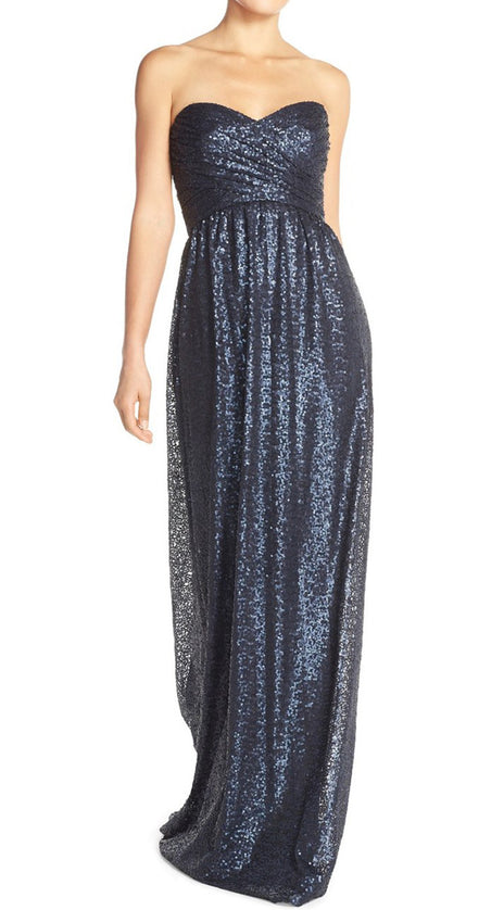 MACloth Strapless Sweetheart Sequin Long Bridesmaid Dress Dark Navy Evening Formal Gown