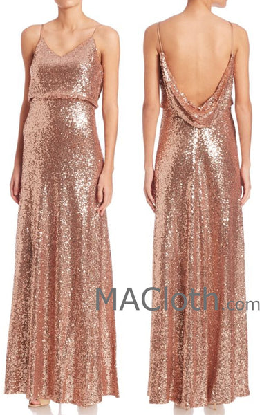 MACloth Women Spaghetti Straps Sequin Rose Gold Long Bridesmaid Dress Evening formal Gown