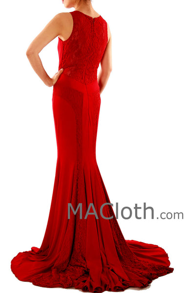 Mermaid Straps O Neck Lace Jersey Burgundy Evening Prom Dress with Court Train 160124
