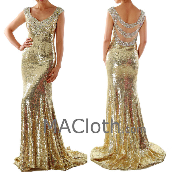 Mermaid Straps Sweetheart Long Sequin Gold Evening Prom Dress 160139