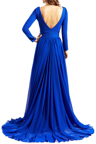 MACloth Women Plunging V Neck Long Sleeves Prom Dresses formal Evening Gown Slit