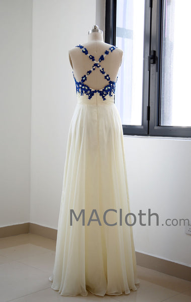 Spaghetti Straps Floor Length Lace Chiffon Royal Blue Prom Dresses MACloth