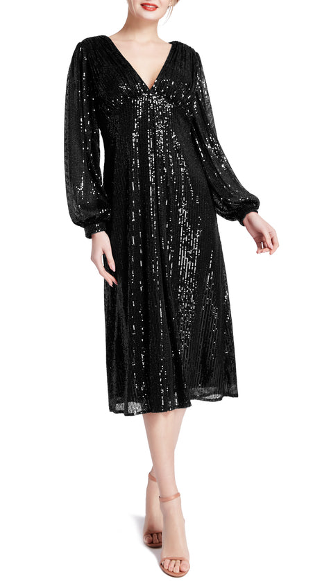 MACloth Women Tea Length Long Puff Sleeve Empire Sequin Cocktail Party Dresses