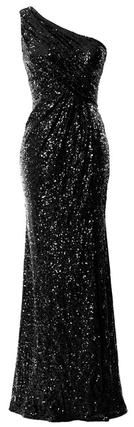 MACloth Sequin Prom Dresses with Split Mermaid One Shoulder Formal Evening Gown