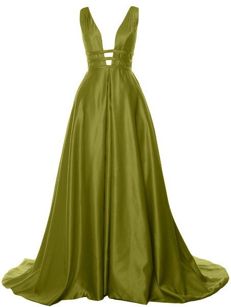 MACloth Women's Deep V Neck Prom Gown Satin Sleeveless Formal Evening Dresses