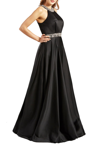 MACloth Women Satin Prom Dresses with Pockets Halter Long Formal Evening Gown