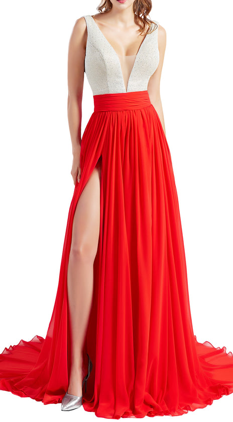 MACloth Women V Neck Long Prom Dresses Sleeveless Formal Evening Gown with Slit