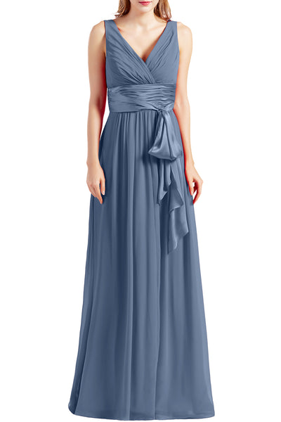 MACloth Women Sleeveless V Neck Long Bridesmaid Dress Chiffon Prom Evening Gown