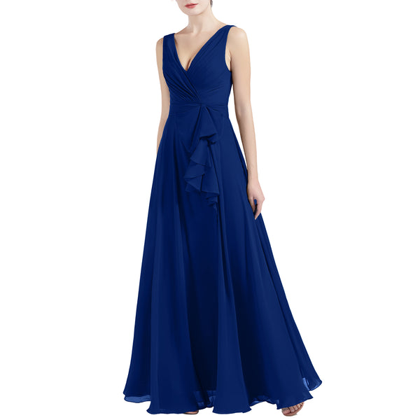 MACloth Women V Neck Long Pleated A Line Wedding Party Bridesmaid Dres