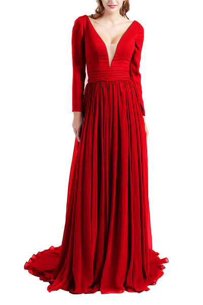 MACloth Women Plunging V Neck Long Sleeve Formal Evening Dress Prom Party Gown