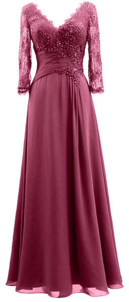 MACloth Women V Neck Long Mother of Bride Dresses 3/4 Sleeve Formal Evening Gown