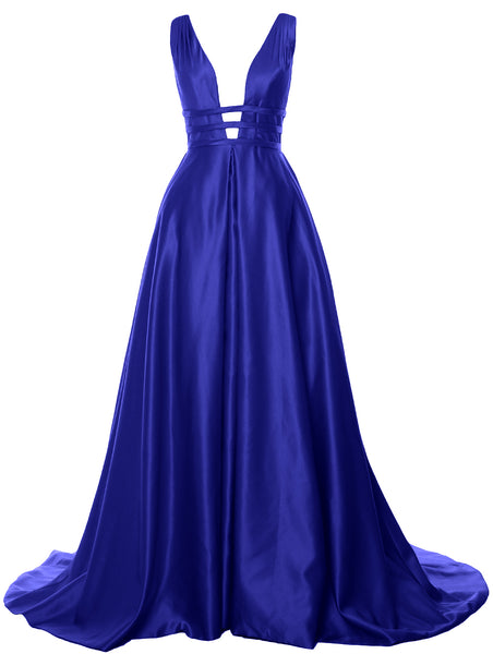 MACloth Women's Deep V Neck Prom Gown Satin Sleeveless Formal Evening Dresses