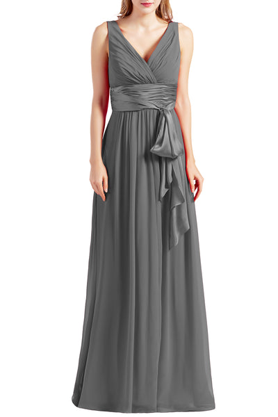 MACloth Women Sleeveless V Neck Long Bridesmaid Dress Chiffon Prom Evening Gown